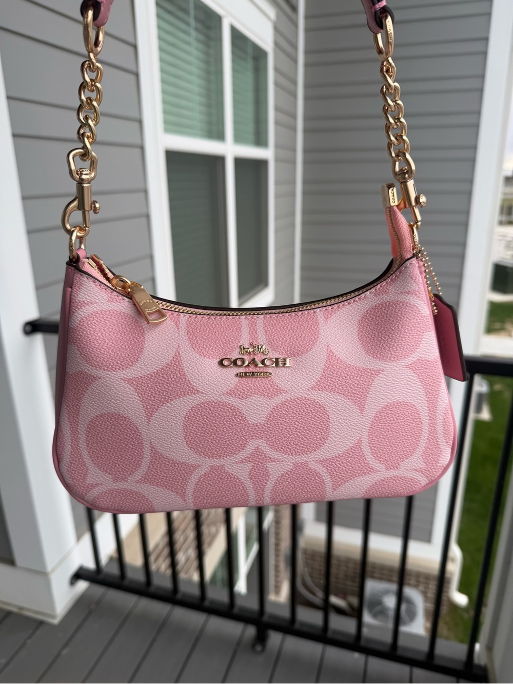Coach Pink Signature Mini Shoulder Bag with Gold-Tone Chain
